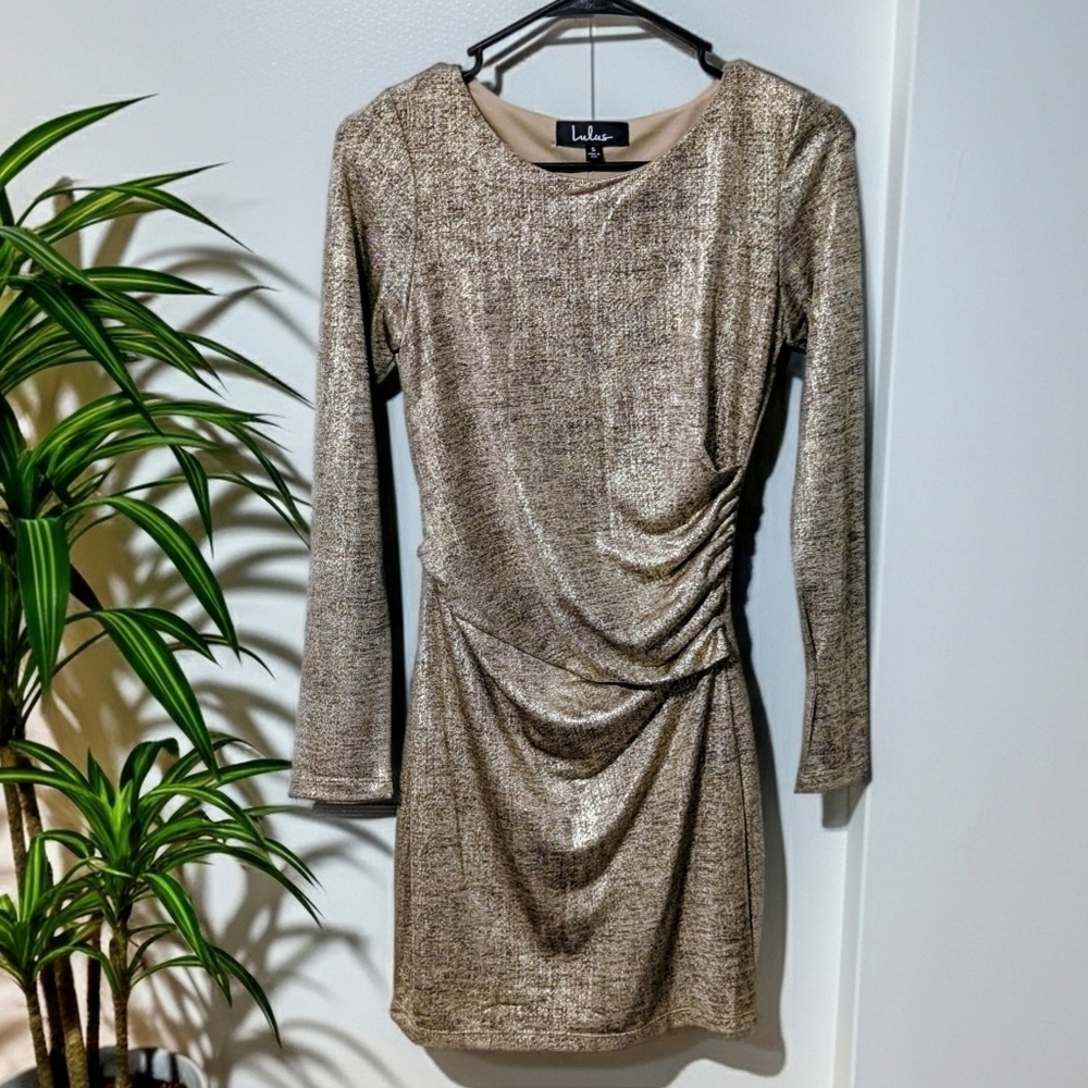 Lulus Luxe of My Life Metallic Gold Long Sleeve Dress S Small